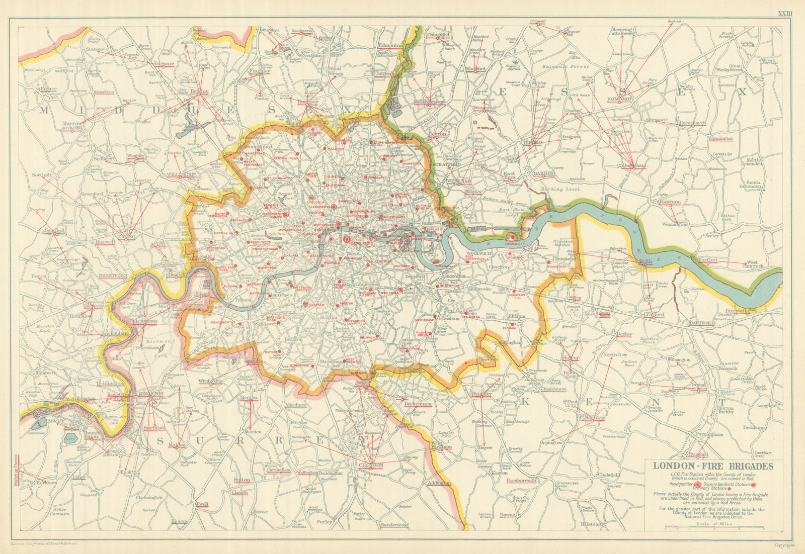 LONDON FIRE BRIGADE. Showing Fire Brigade Stations. Vintage map. BACON 1919